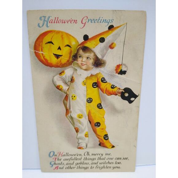 Halloween Postcard Ellen Clapsaddle Wolf Series 31 Lil Girl Clown Vintage RARE - Picture 5 of 6